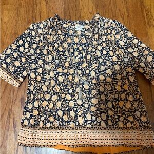 Faherty Navy and Orange Floral Blouse